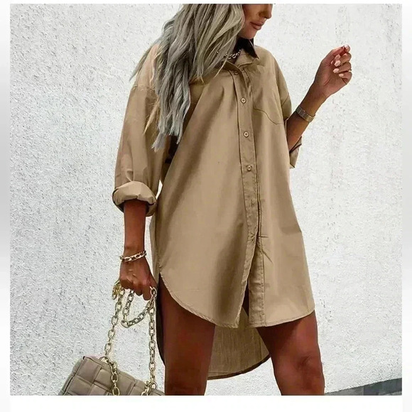 Fashon Nova women’s tunic camisole high low button down pocket tan Khaki beige - Picture 1 of 8